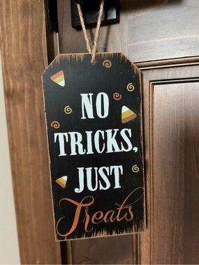 🎃 Wooden Halloween Sign "No Tricks, Just Treats" 9" Hanging Wall Door Decor